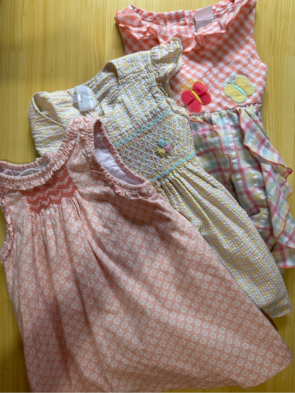 Girls Pastel Smocked Summer Dress Bundle - Pink, Peach, Yellow Size 24m